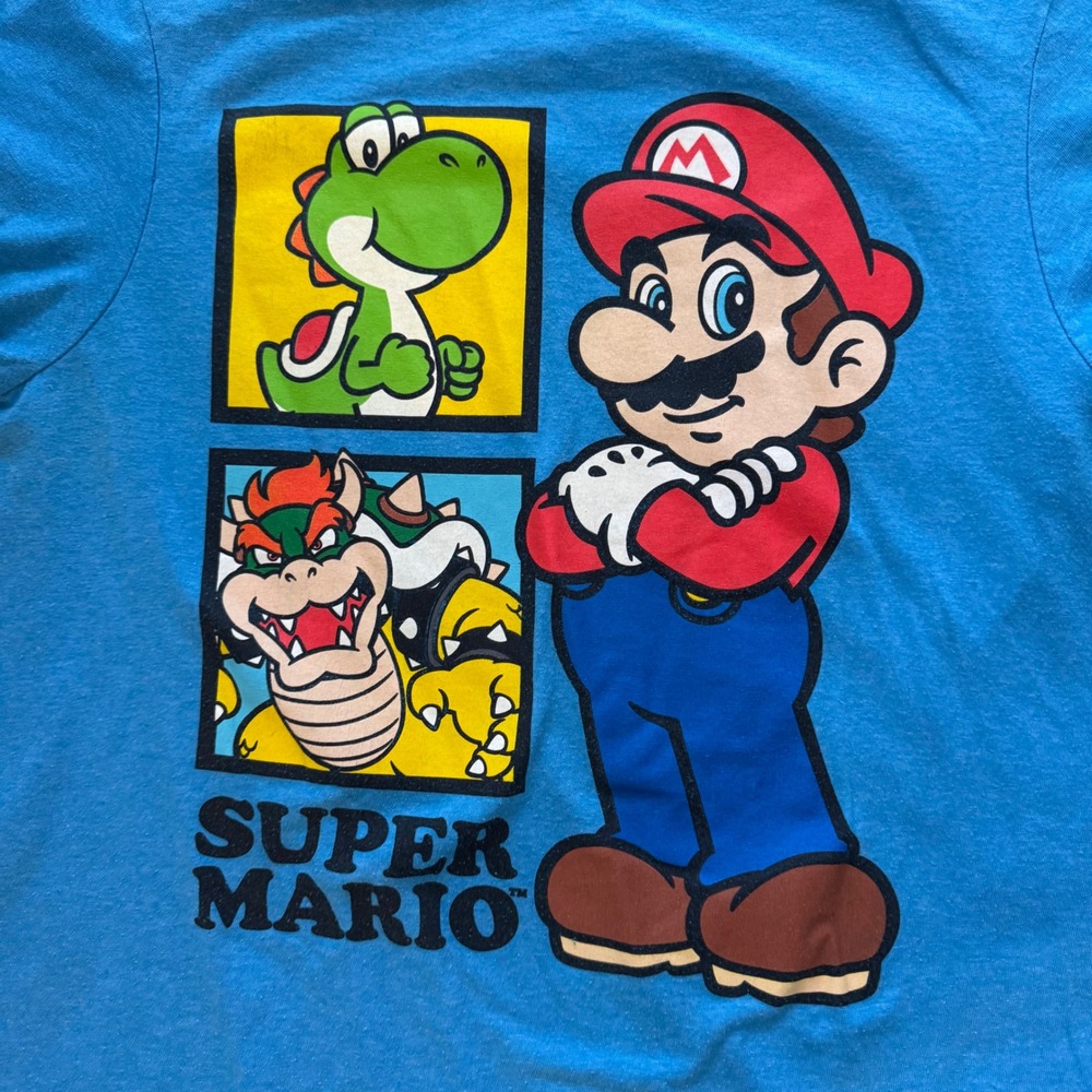 Blue Super Mario Graphic Tee Yoshi‎ Bowser Mario Bros Kids  XL Cotton Blend